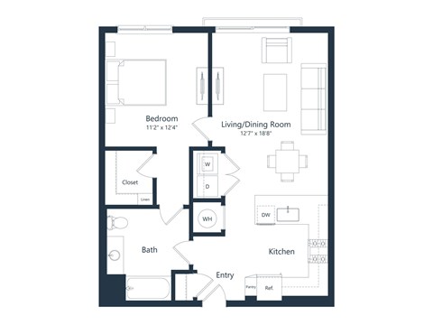 Floor plan for 1 bed, 1 bath, 751 sqft